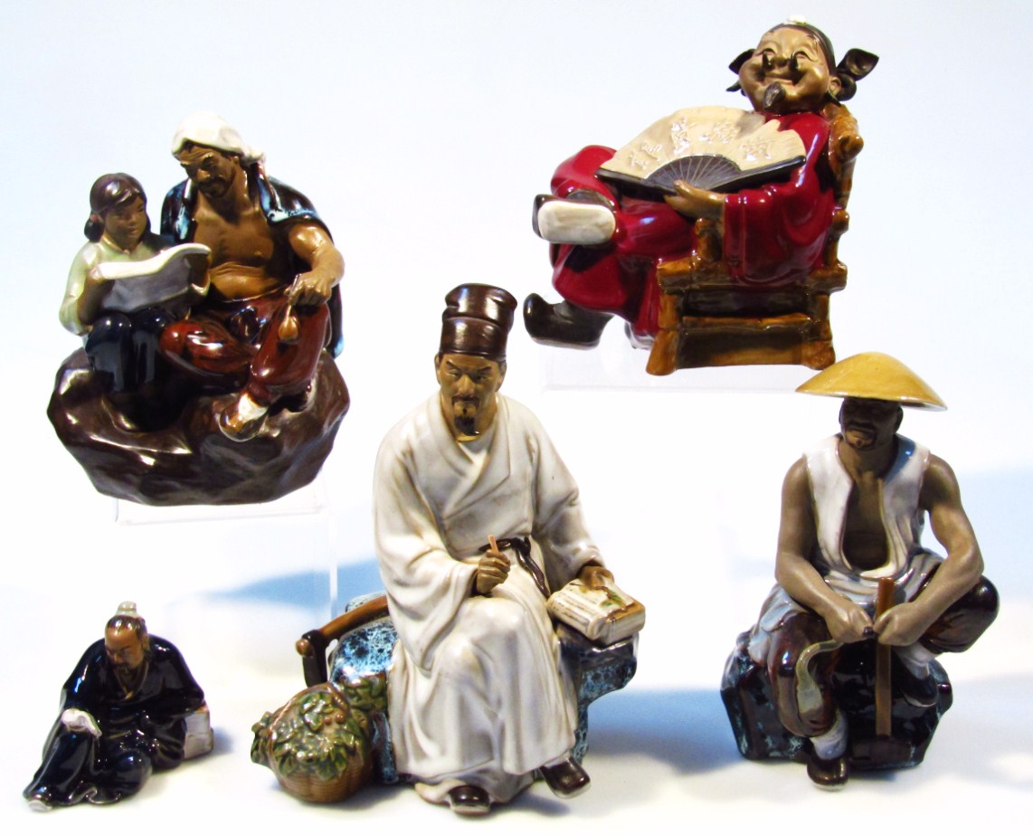 Appraisal: Five various Chinese pottery figures to include seated gentleman in