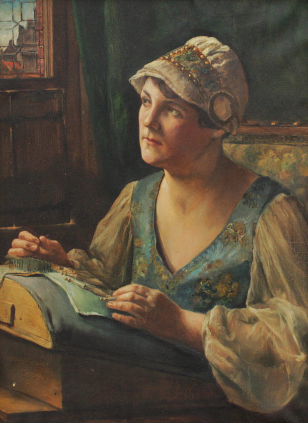 Appraisal: ILLEGIBLY SIGNED PAINTING OF A PENSIVE SEAMSTRESS Oil Canvas ''