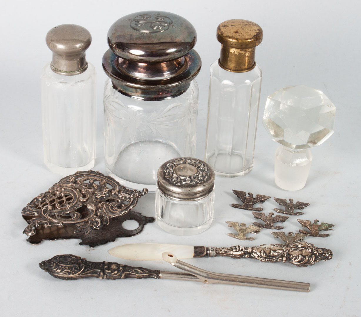 Appraisal: Group of silver-mounted sterling dresser items and personal items including