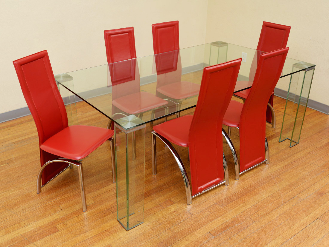 Appraisal: MODERN GLASS DINING TABLE WITH RED CHAIRS Rectangular glass top