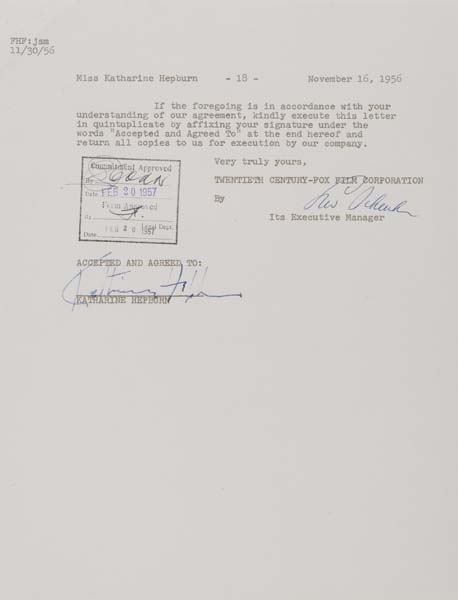 Appraisal: KATHARINE HEPBURN Contract for The Desk Set signed by Hepburn