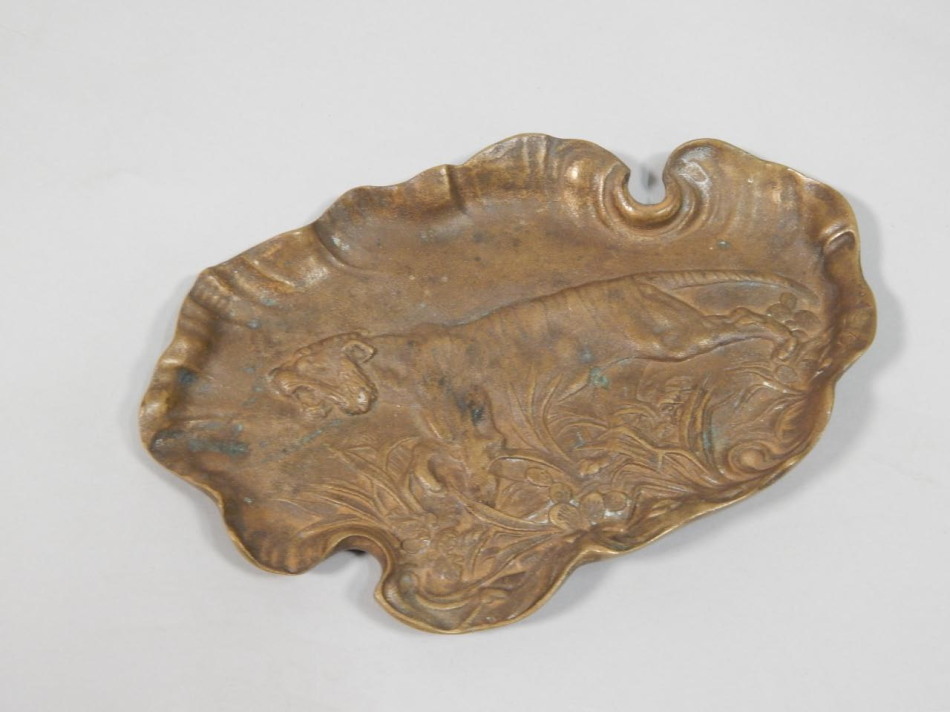 Appraisal: After J Fisher Tiger bronze dish signed to the border