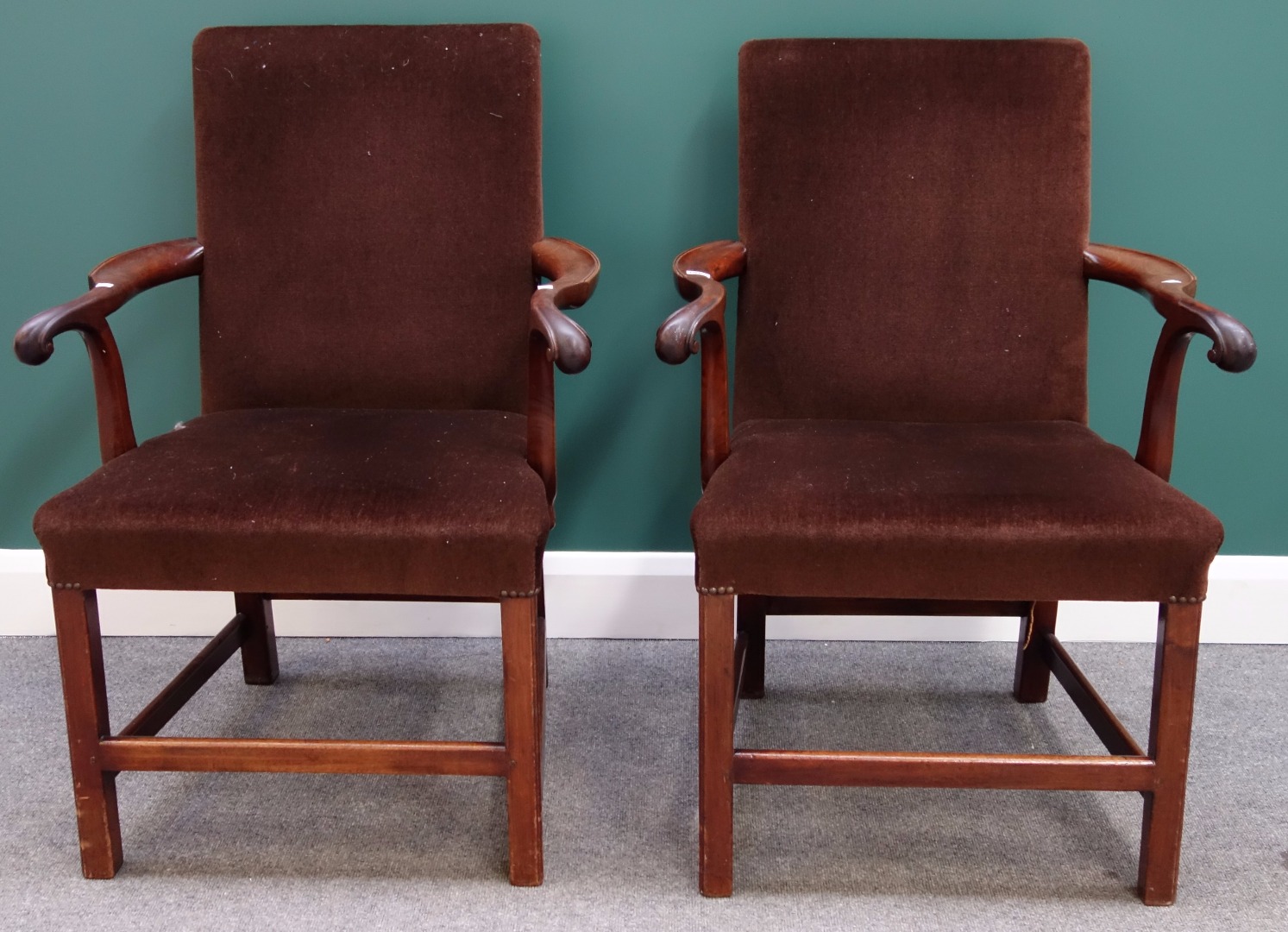 Appraisal: A pair of th century mahogany framed square back open