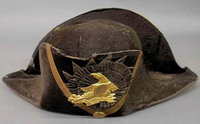 Appraisal: American black fur tricorne militia hat c by R P