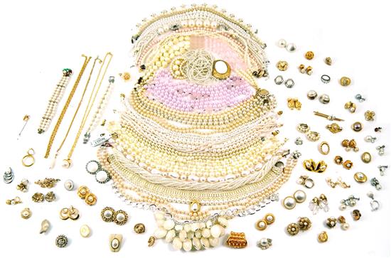 Appraisal: COSTUME JEWELRY Sizable collection of faux pearl necklaces pins and