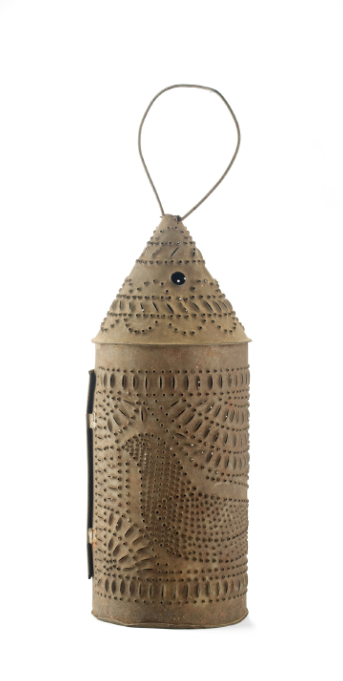 Appraisal: WHIMSICAL PUNCHED-TIN CANDLE LANTERN CIRCA With a punch-work dove encompassing