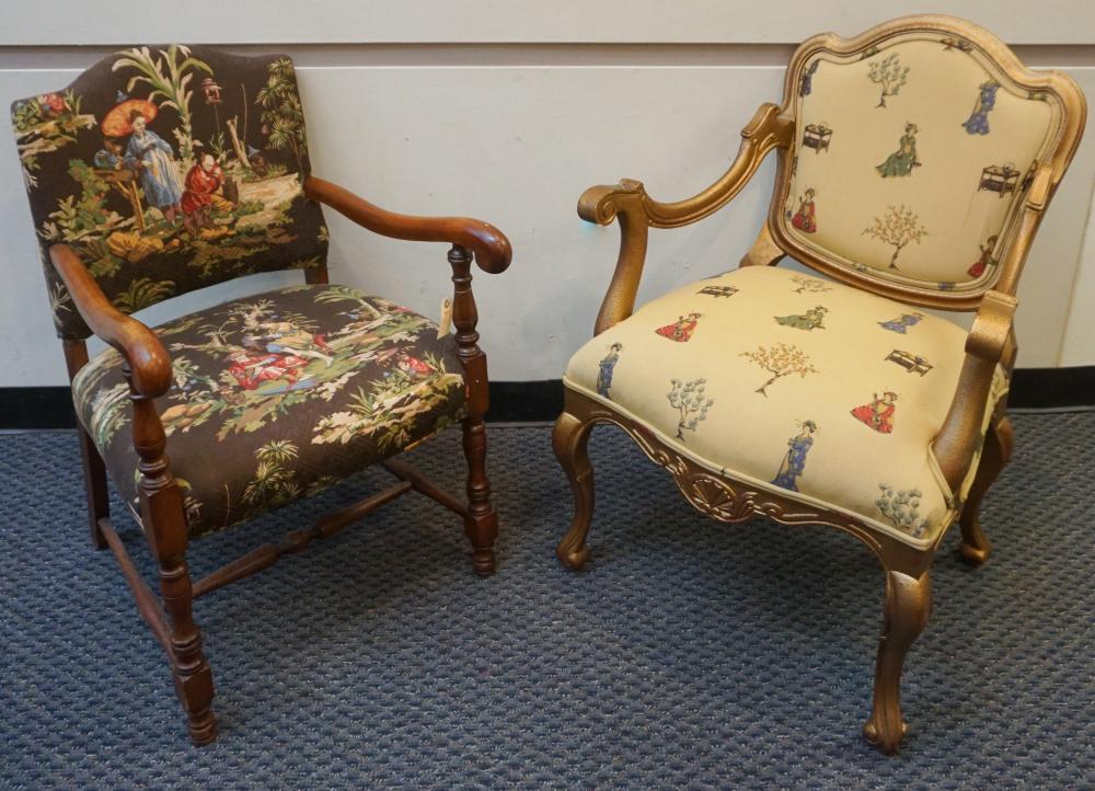 Appraisal: Provincial Style Giltwood Fauteuil and Jacobean Style Open Armchair