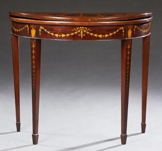 Appraisal: English Inlaid Mahogany Demilune Games Table th c the intricately