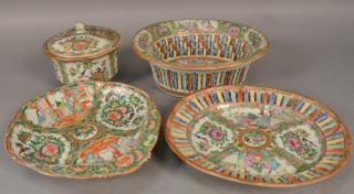 Appraisal: Four piece Rose Medallion porcelain lot to include reticulated bowl