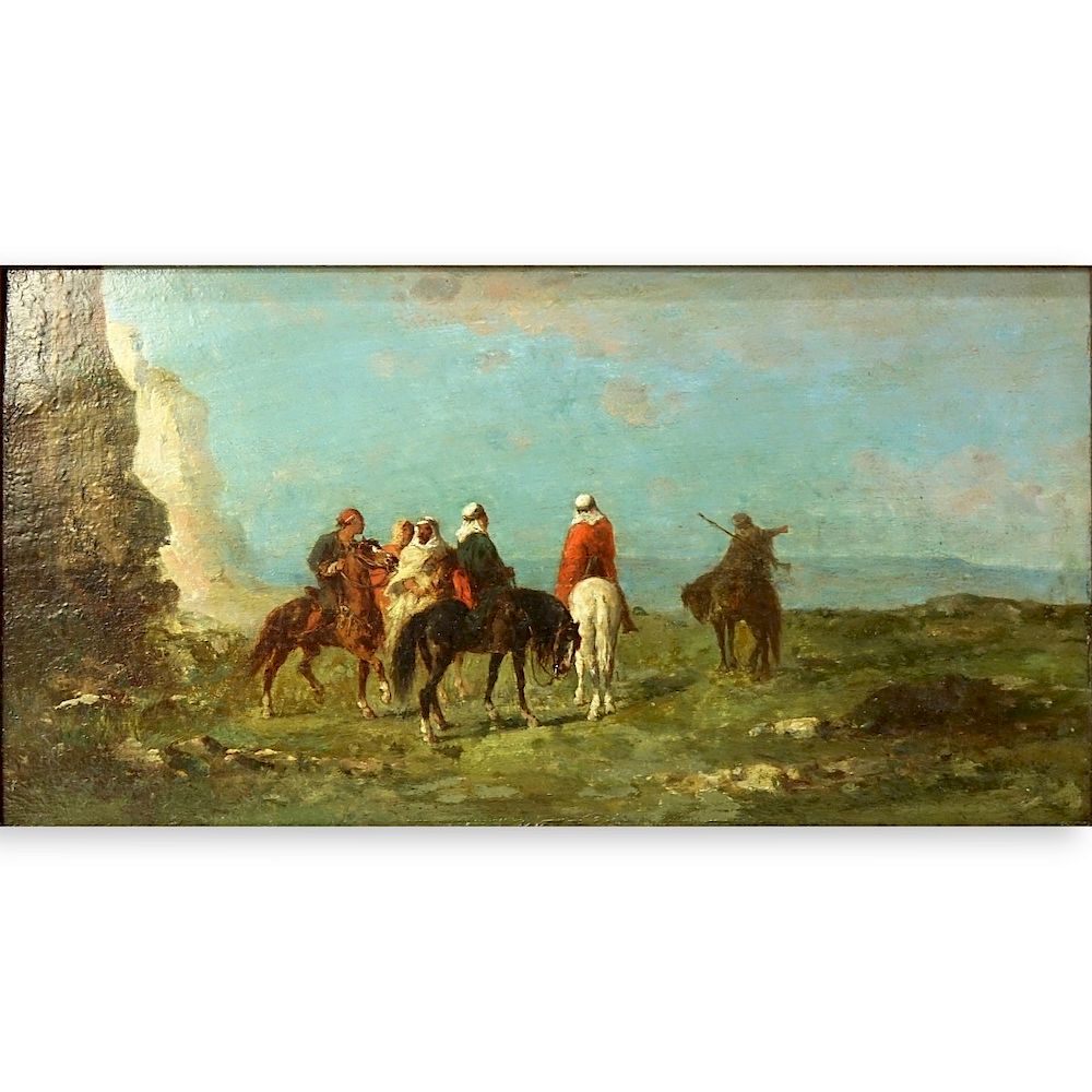 Appraisal: Antique Orientalist School Oil On Panel Riders Antique Orientalist School