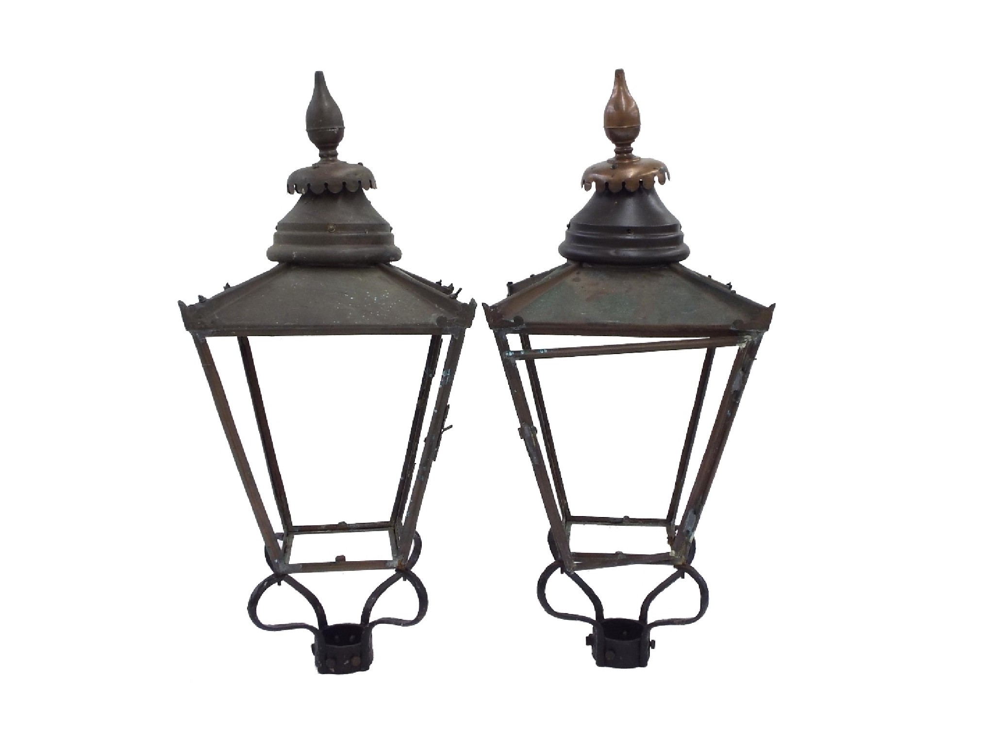 Appraisal: Pair of antique copper night lanterns upon scrolled wrought iron