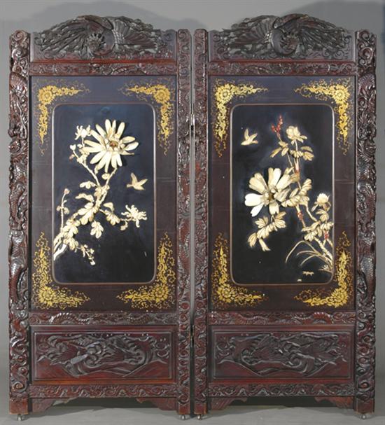 Appraisal: Chinese carved hardwood and bone two-panel screen late th centuryarched