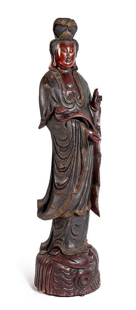 Appraisal: A Large Carved Wood Figure of Guanyin Height inches A