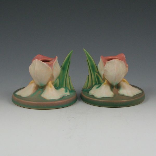 Appraisal: Roseville Iris candleholders in pink and green Marked Roseville one