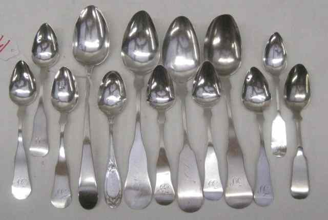 Appraisal: THIRTEEN AMERICAN COIN SILVER SPOONS various makers including large tablespoons