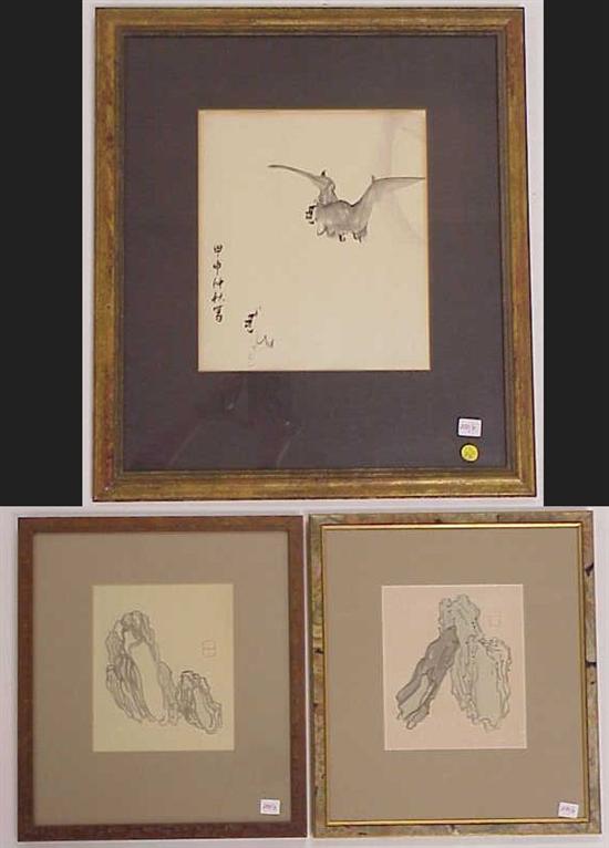 Appraisal: Three Japanese ink paintings sumi-e th C th C one