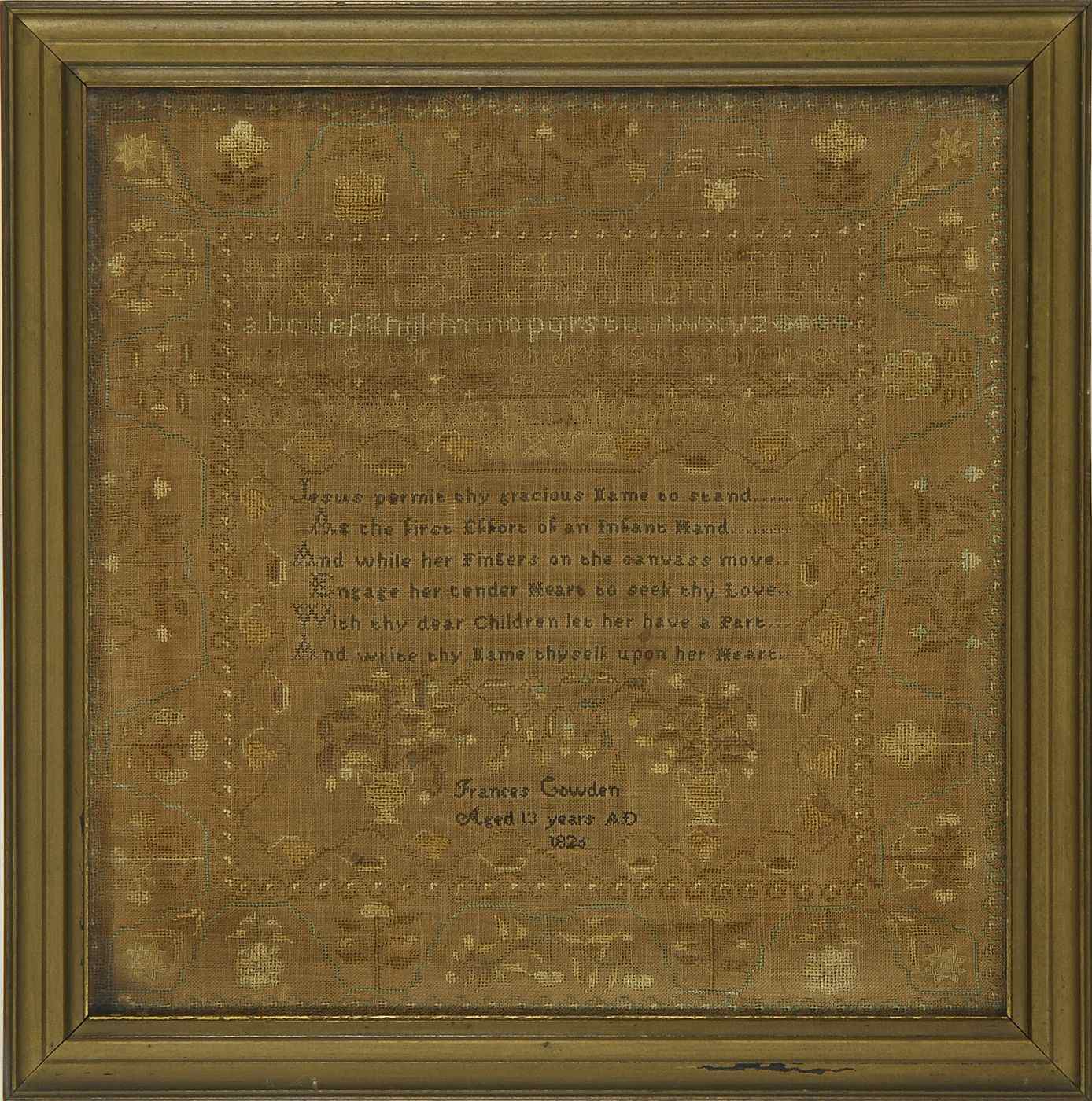 Appraisal: FRAMED NEEDLEWORK SAMPLERAmerican th CenturyFrances Cowden Aged years AD ''