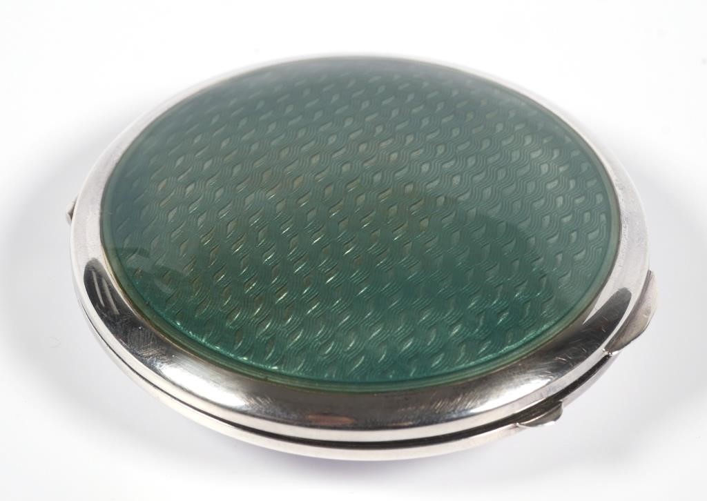 Appraisal: Green enamel guilloche double mirror compact diameter marked FL No