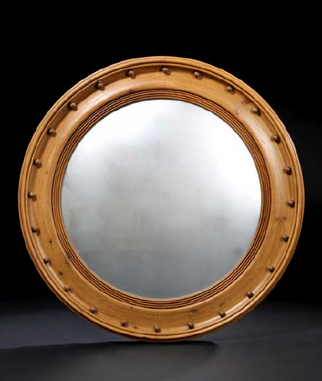 Appraisal: Monumental English Carved Pine Convex Looking Glass in the Regency