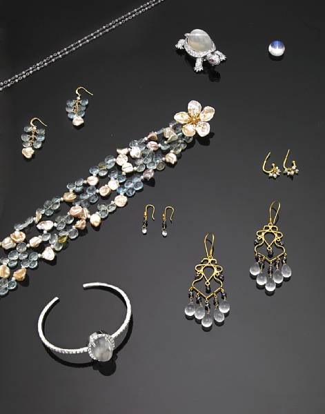 Appraisal: Aquamarine Keshi Pearl and Diamond Necklace and Earrings A three