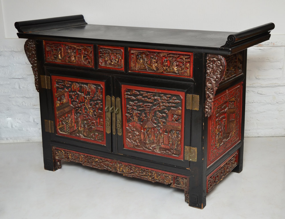 Appraisal: CHINESE RED LACQUERED AND GILT CABINET Top with applied upturned