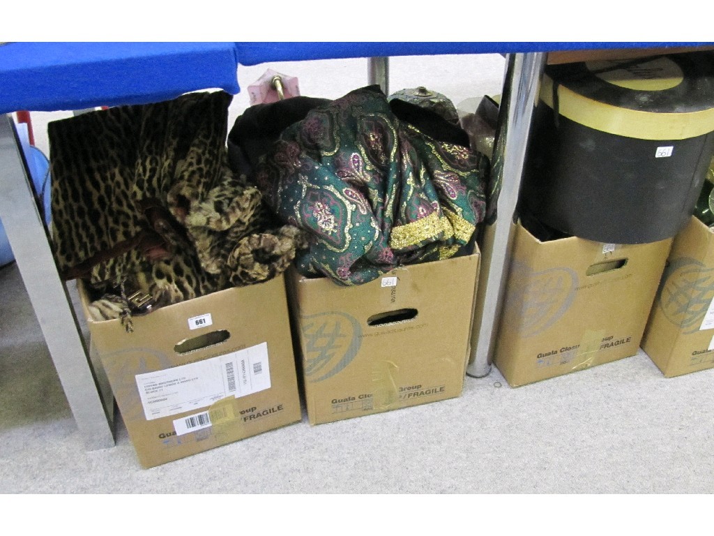 Appraisal: Lot comprising three boxes of assorted clothing furs linen hats