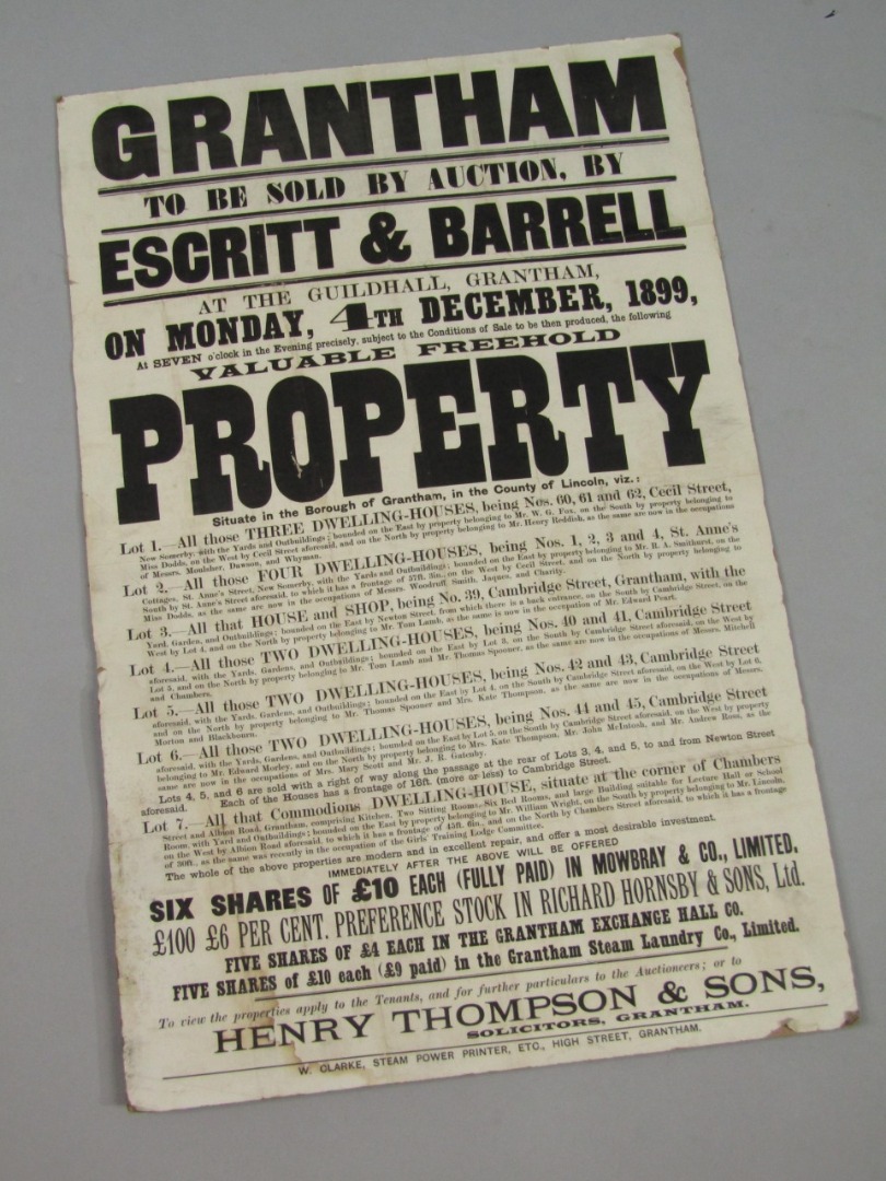 Appraisal: An Escritt Barrell Grantham Property poster with Henry Thompson stamp