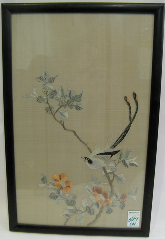 Appraisal: TWO CHINESE EMBROIDERIES ON SILK songbird in flowering tree branch