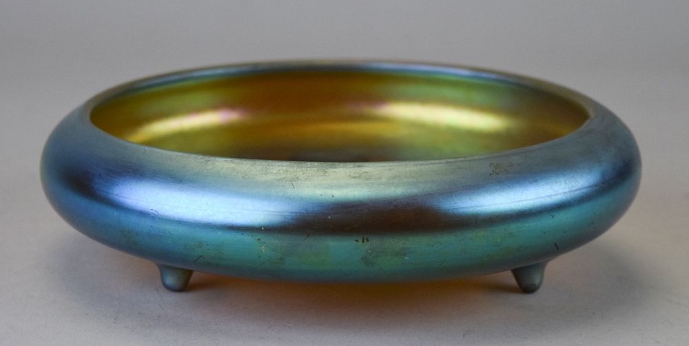 Appraisal: Signed Steuben Aurene Footed Low Bowl Steuben Aurene iridescent art