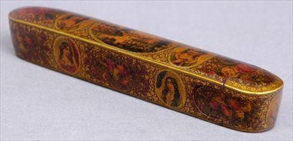 Appraisal: PERSIAN MAROON-GROUND LACQUER PEN BOX WITH EUROPEAN SUBJECTS The sliding