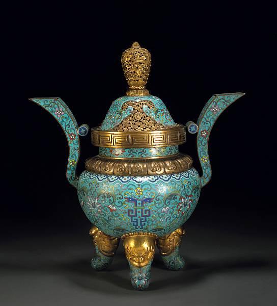 Appraisal: A cloisonn enameled metal covered tripod censer Qianlong Mark th