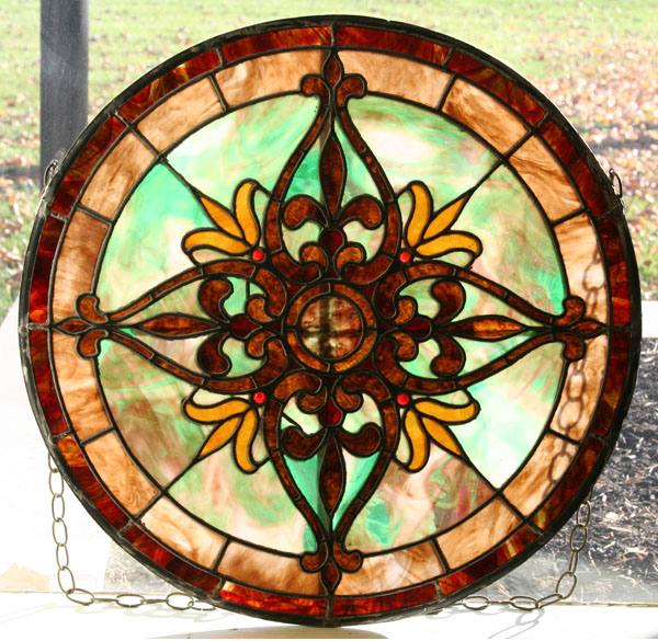 Appraisal: Stained slag leaded glass round rosette window Diam Good condition