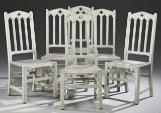 Appraisal: Set of Six Polychromed Carved Oak Rushseat Dining Chairs th