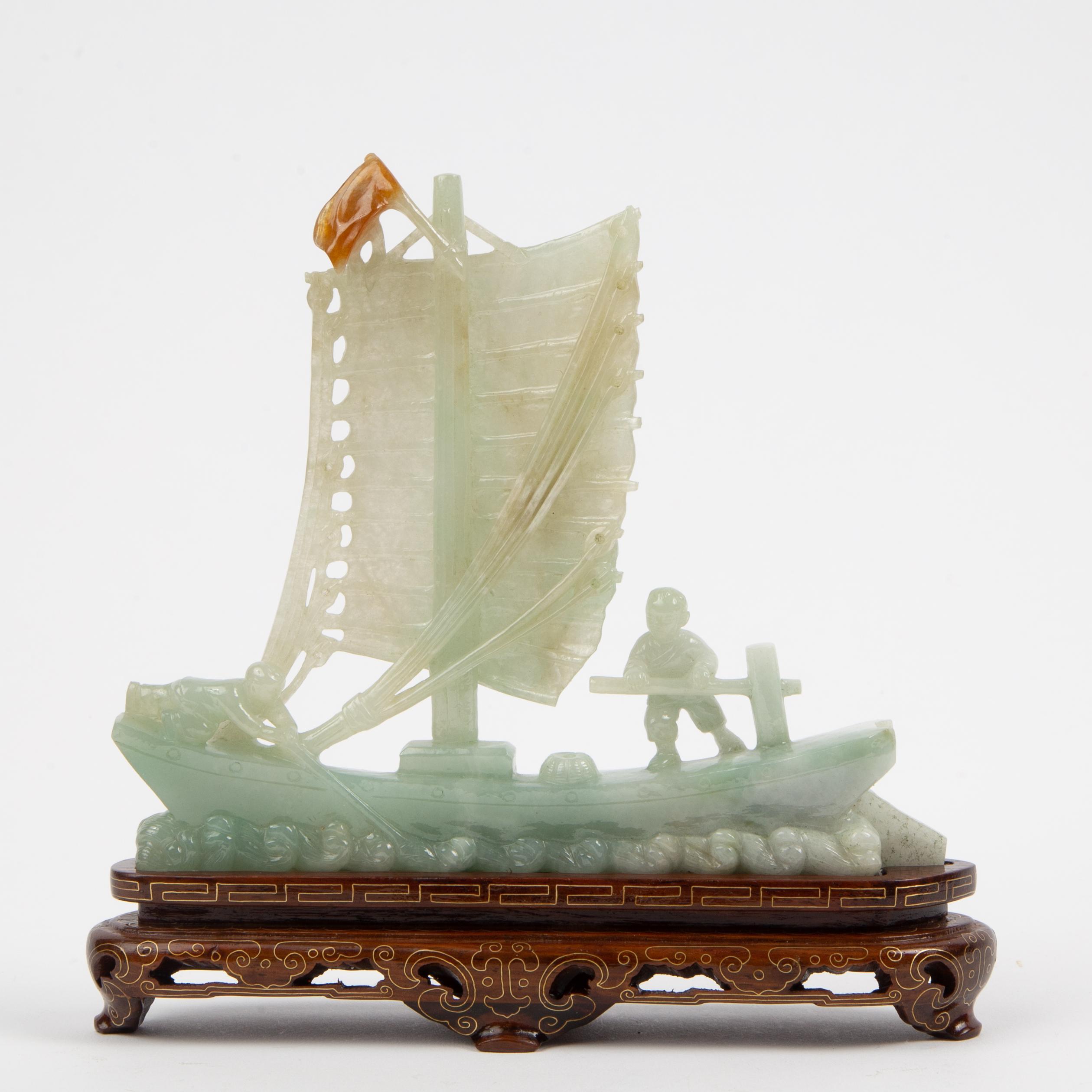 Appraisal: CHINESE CARVED JADEITE JADE BOAT TH TH C Carved jadeite