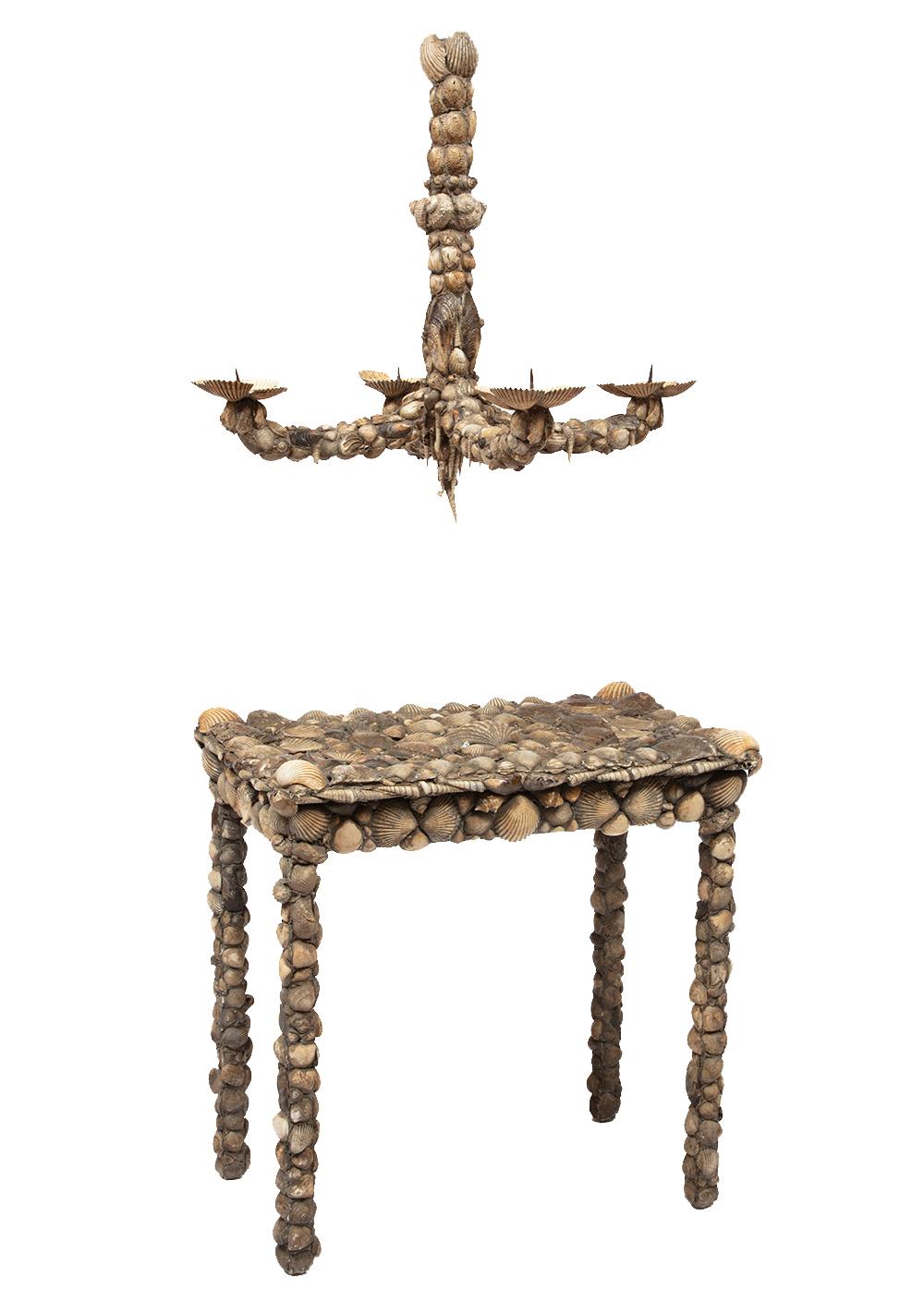 Appraisal: Antique Italian Shell Encrusted Grotto Side Table and Chandelier th