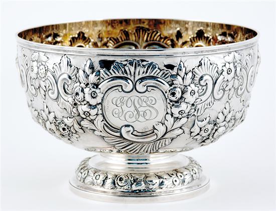 Appraisal: Edwardian sterling punchbowl London dated floral-and-scroll repousse chased bowl initialed