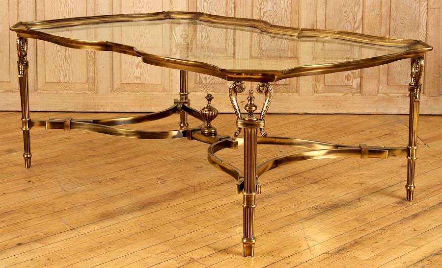 Appraisal: LARGE BRASS AND GLASS TRAY TOP COFFEE TABLE A large