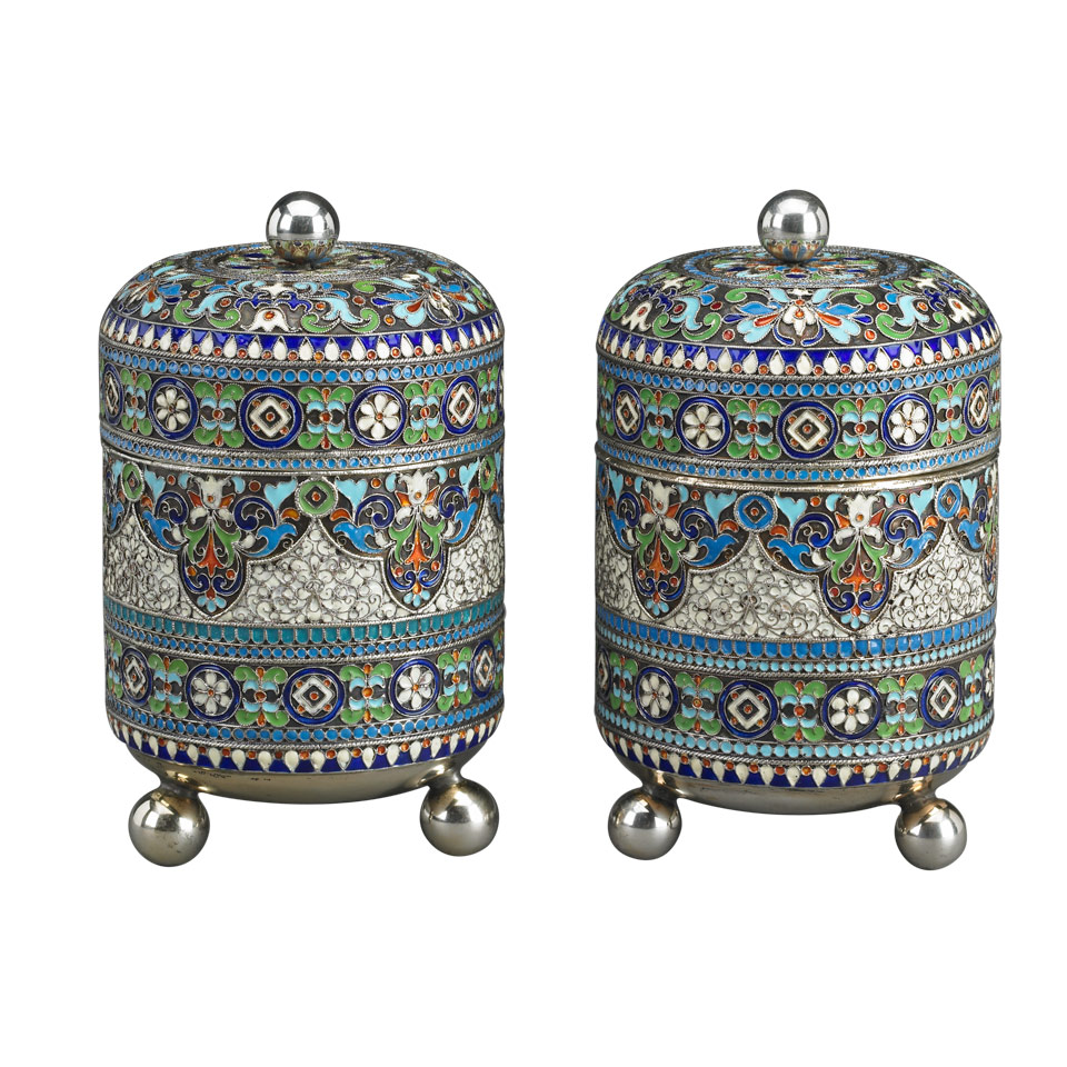 Appraisal: Pair of Russian Silver and Cloisonn Enamel Covered Jars bearing