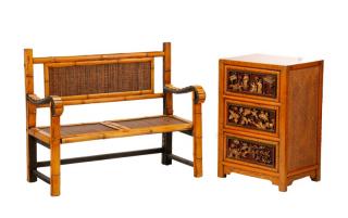 Appraisal: Chinese Rattan Bench Small Chest Chinese late th century A