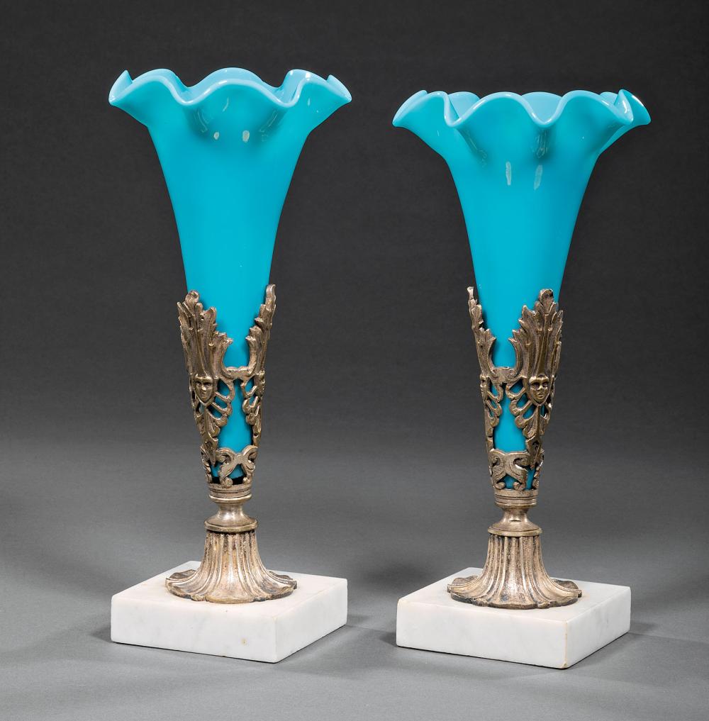 Appraisal: Pair of Victorian Silvered Metal Marble and Blue Opaline Glass