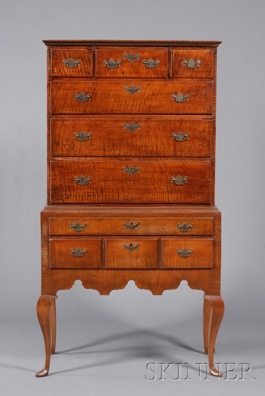 Appraisal: Queen Anne Tiger Maple High Chest of Drawers southeastern New