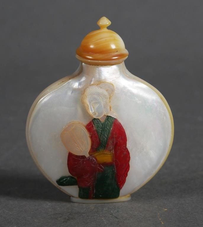 Appraisal: Hardstone and mother of pearl snuff bottle figure of female