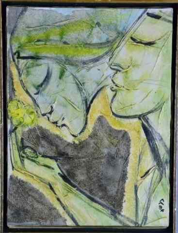 Appraisal: SIGNED IMPASTO ABSTRACT OIL PAINTINGTwo profiles in a green and