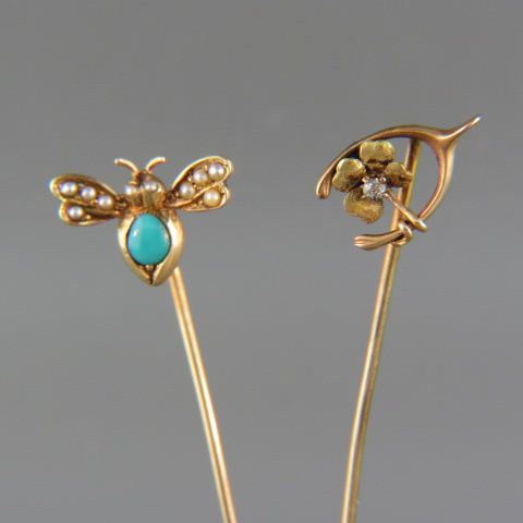 Appraisal: Antique Gold Stickpins figural bee with seed pearls turquoise and