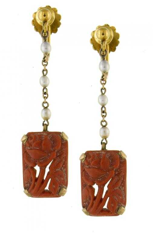 Appraisal: A PAIR OF CARVED CORAL SEED PEARL AND GOLD EARRINGS