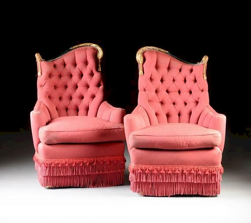 Appraisal: A PAIR OF VICTORIAN STYLE RED CORDED FABRIC UPHOLSTERED AND