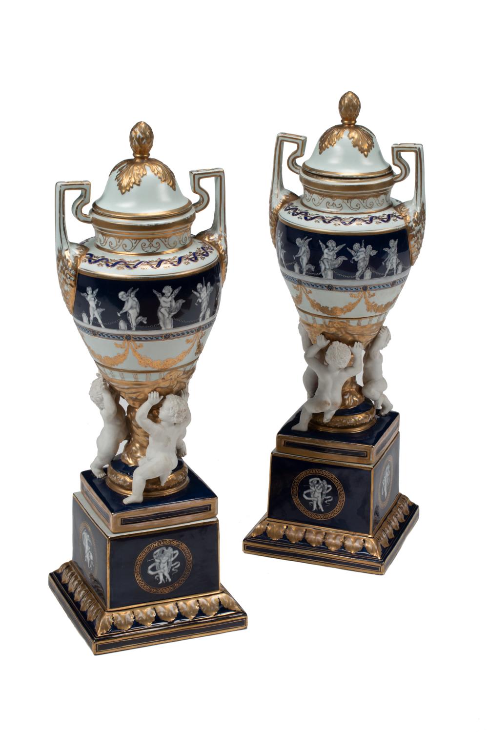 Appraisal: Pair of Large Minton-Style Gilt and Blue Porcelain Covered Urns