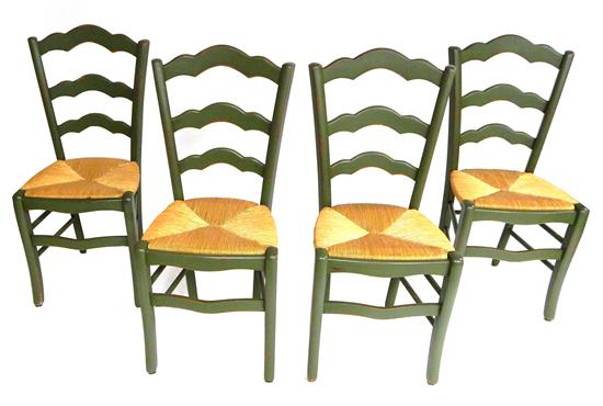 Appraisal: Four th French style green-painted side chairs with rush seats