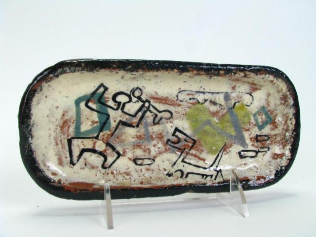 Appraisal: Dusso pottery tray x depicting a figure and dog in