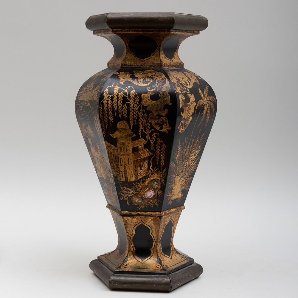 Appraisal: Chinoiserie Hexagonal Gilt-Decorated Vase Drilled for electricity in high Condition